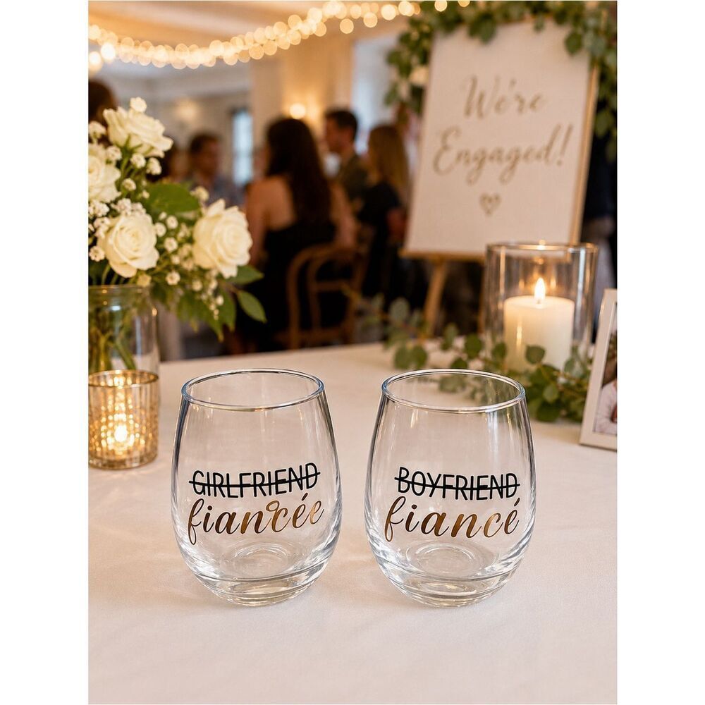 Fiancé/Fiancée Stemless Drinking/Wine Glasses Clear w/Black/Gold Text Bridal
